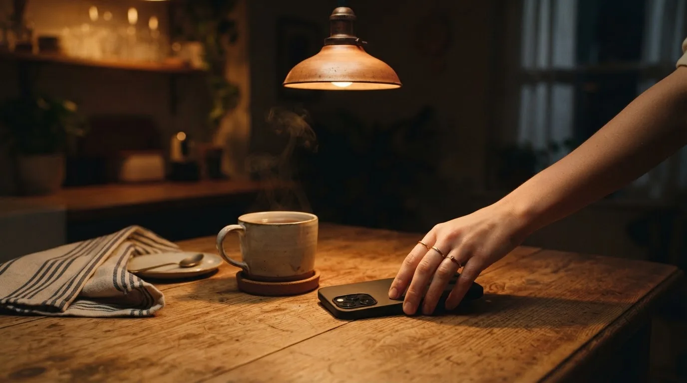 A hand setting a smartphone down beside a cup of tea on a kitchen table on a quiet evening