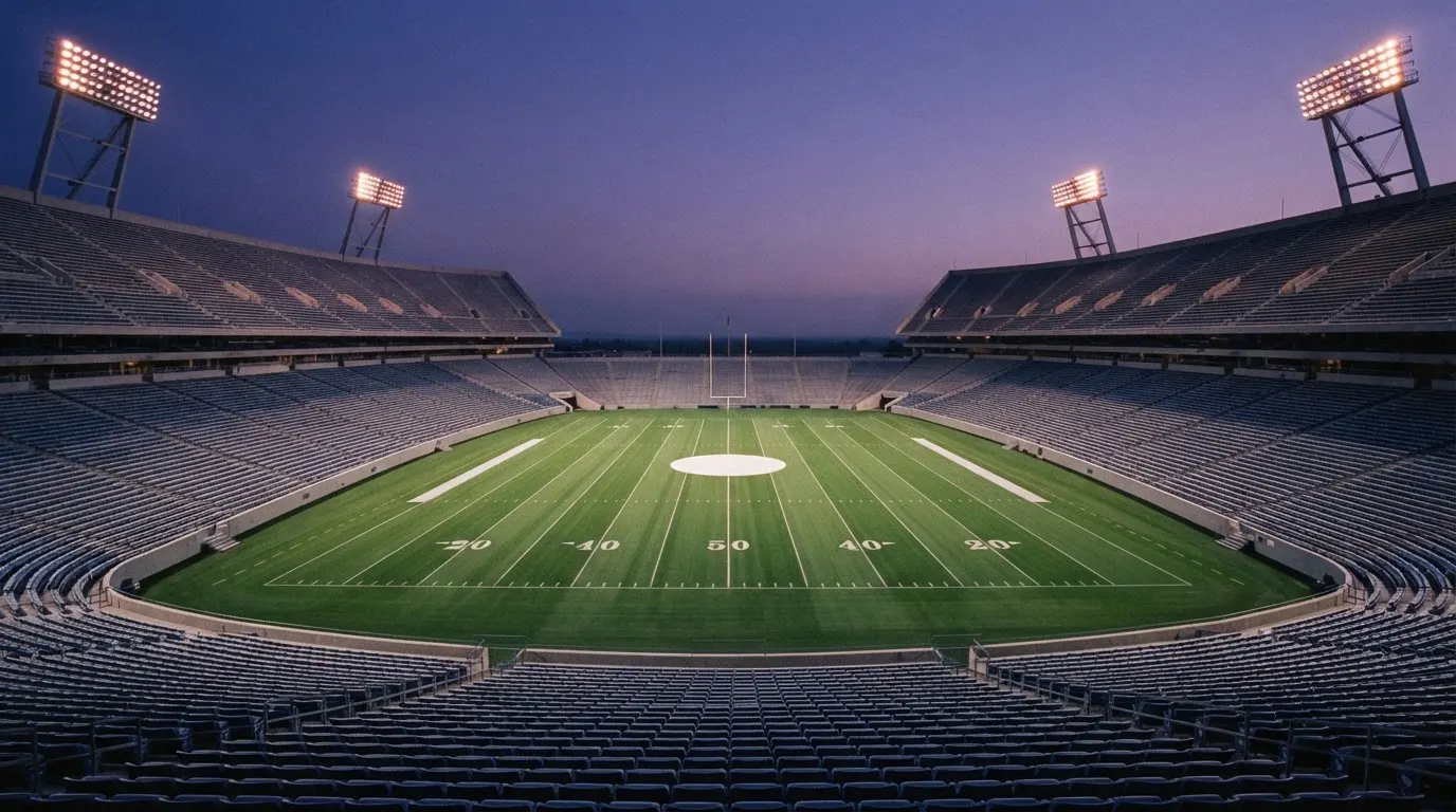 An empty football stadium with floodlight masts at dusk