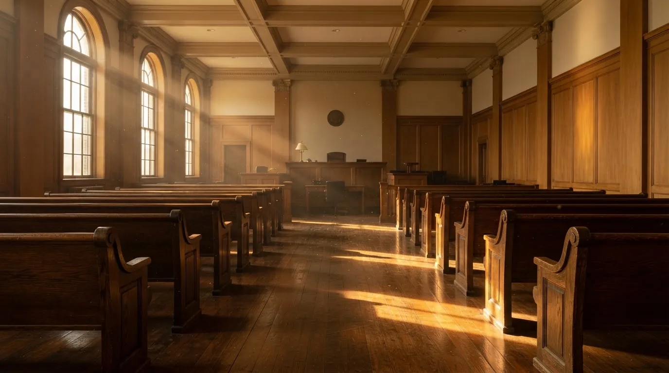 An empty courtroom with wooden benches in morning light