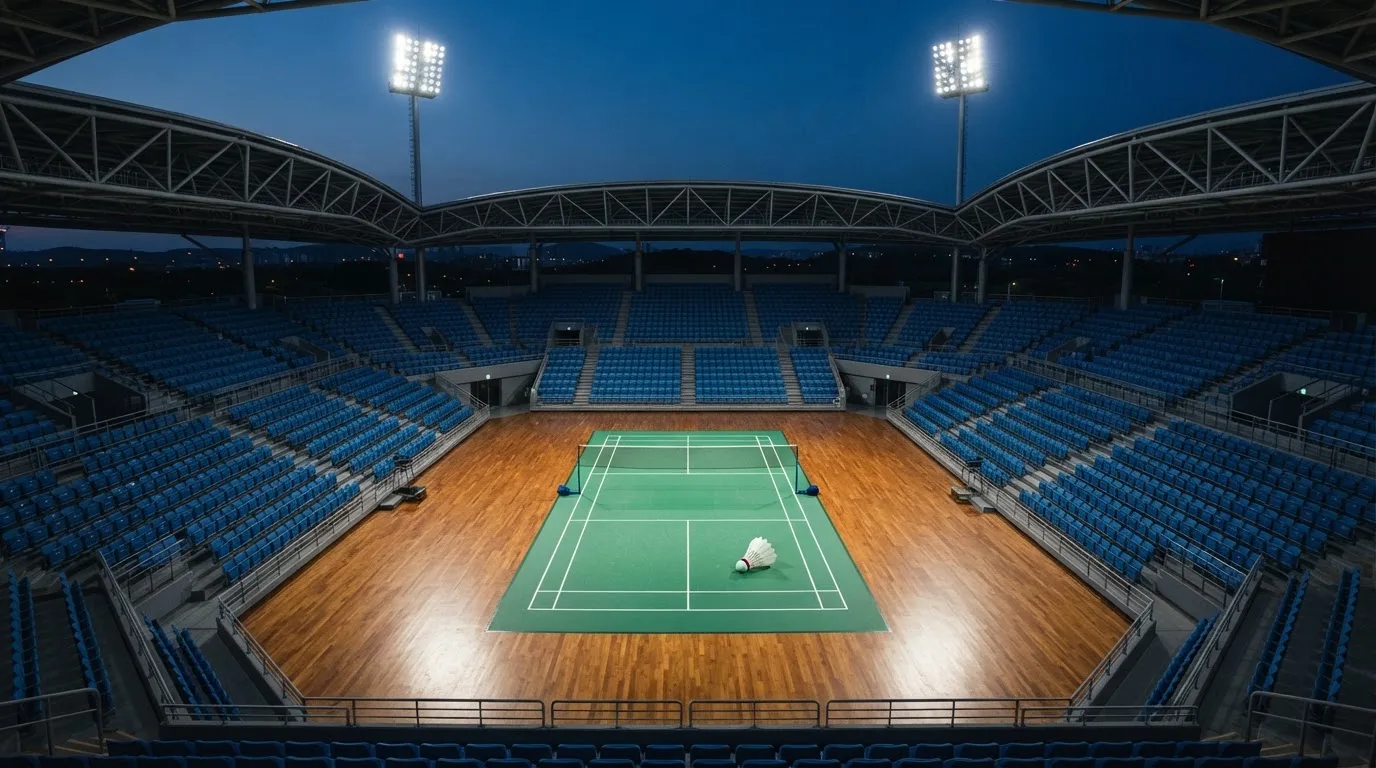 An empty football stadium with floodlight masts at dusk