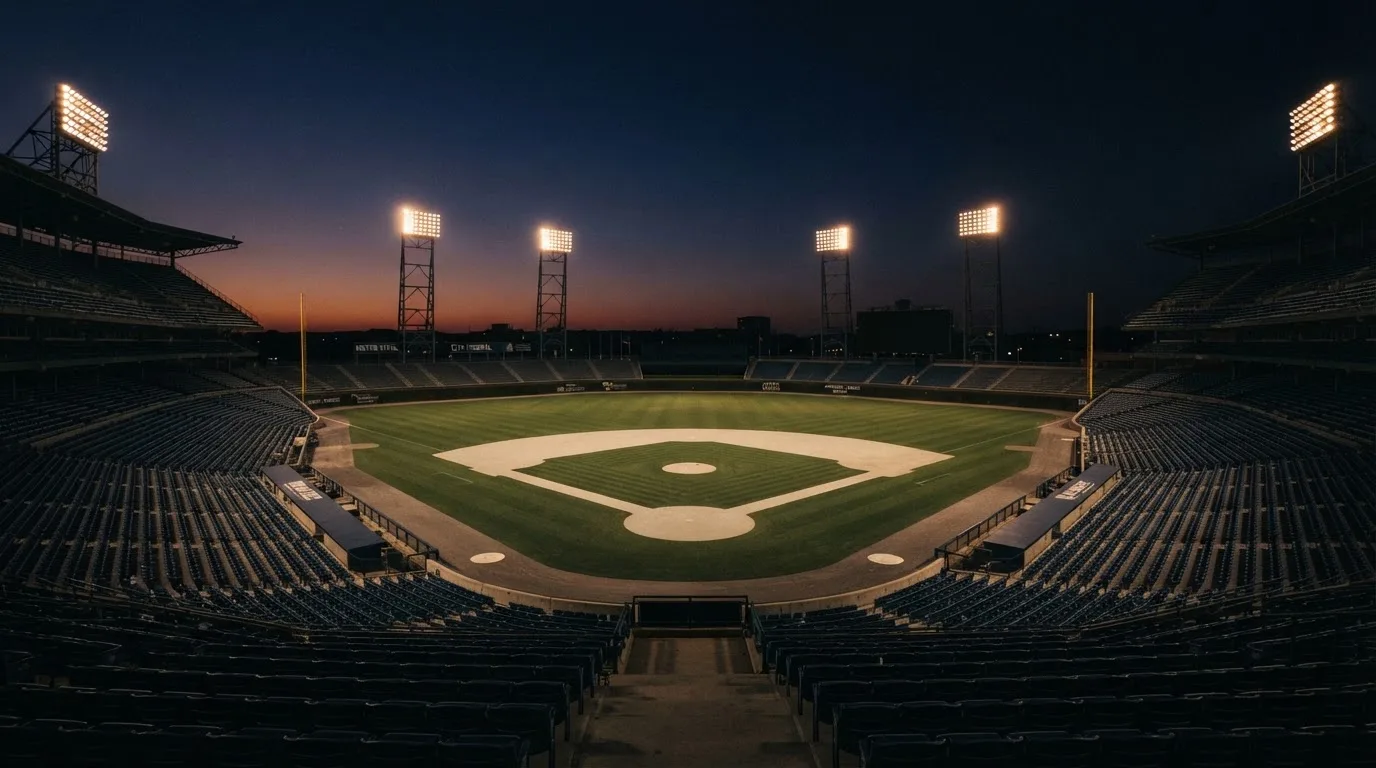 An empty football stadium with floodlight masts at dusk
