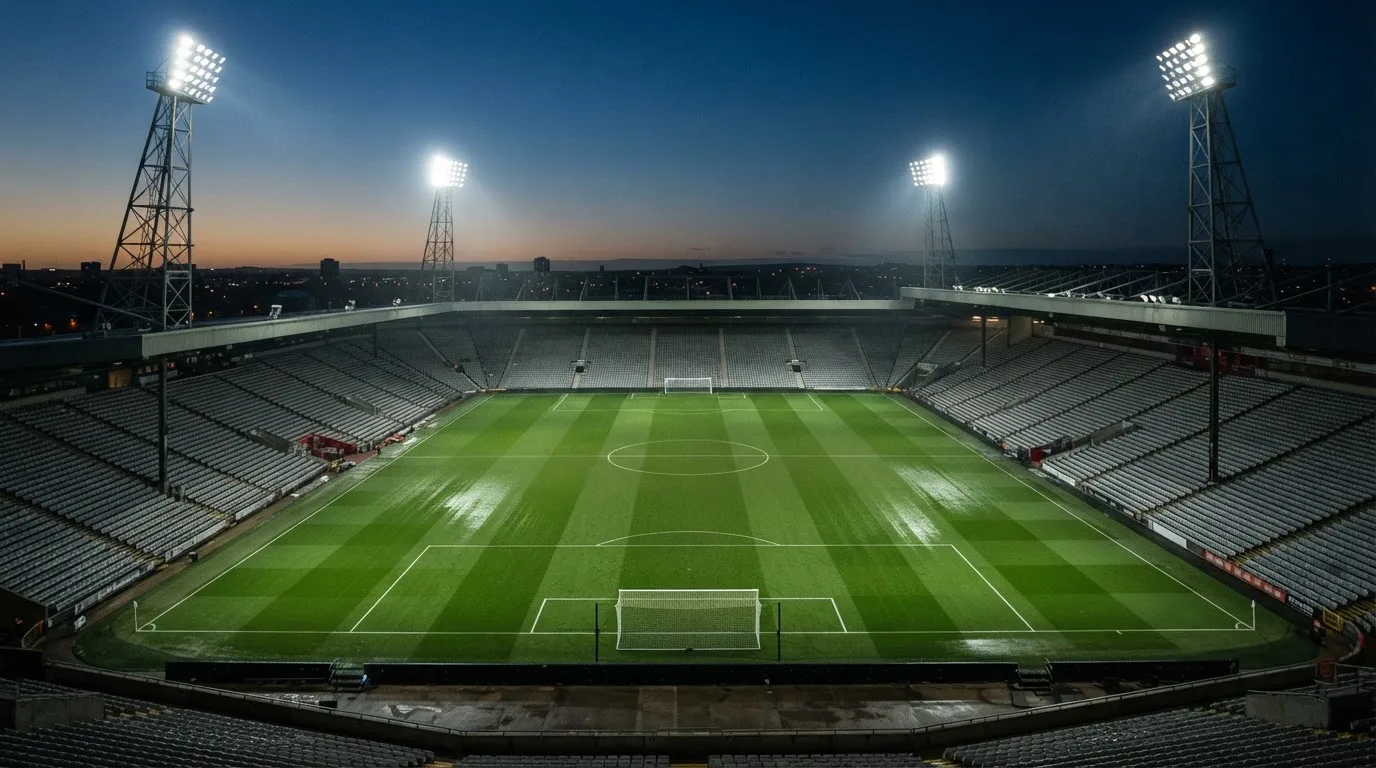 An empty football stadium with floodlight masts at dusk