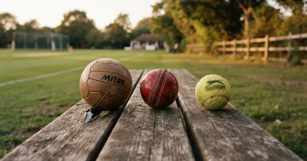 Three balls of different kinds side by side on a wooden bench