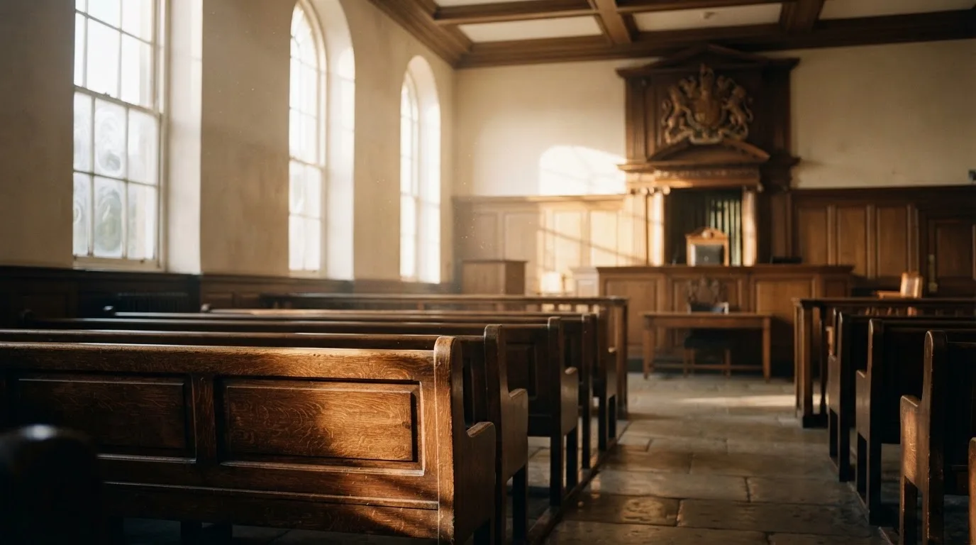 An empty courtroom with wooden benches in morning light