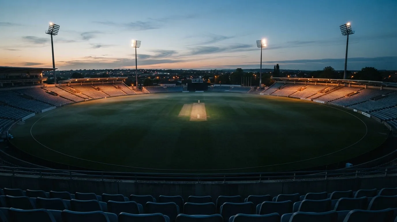 An empty football stadium with floodlight masts at dusk