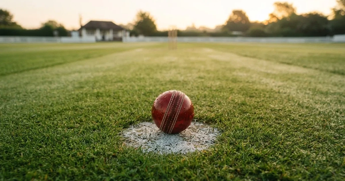 A ball on the centre spot of a grass pitch in morning light