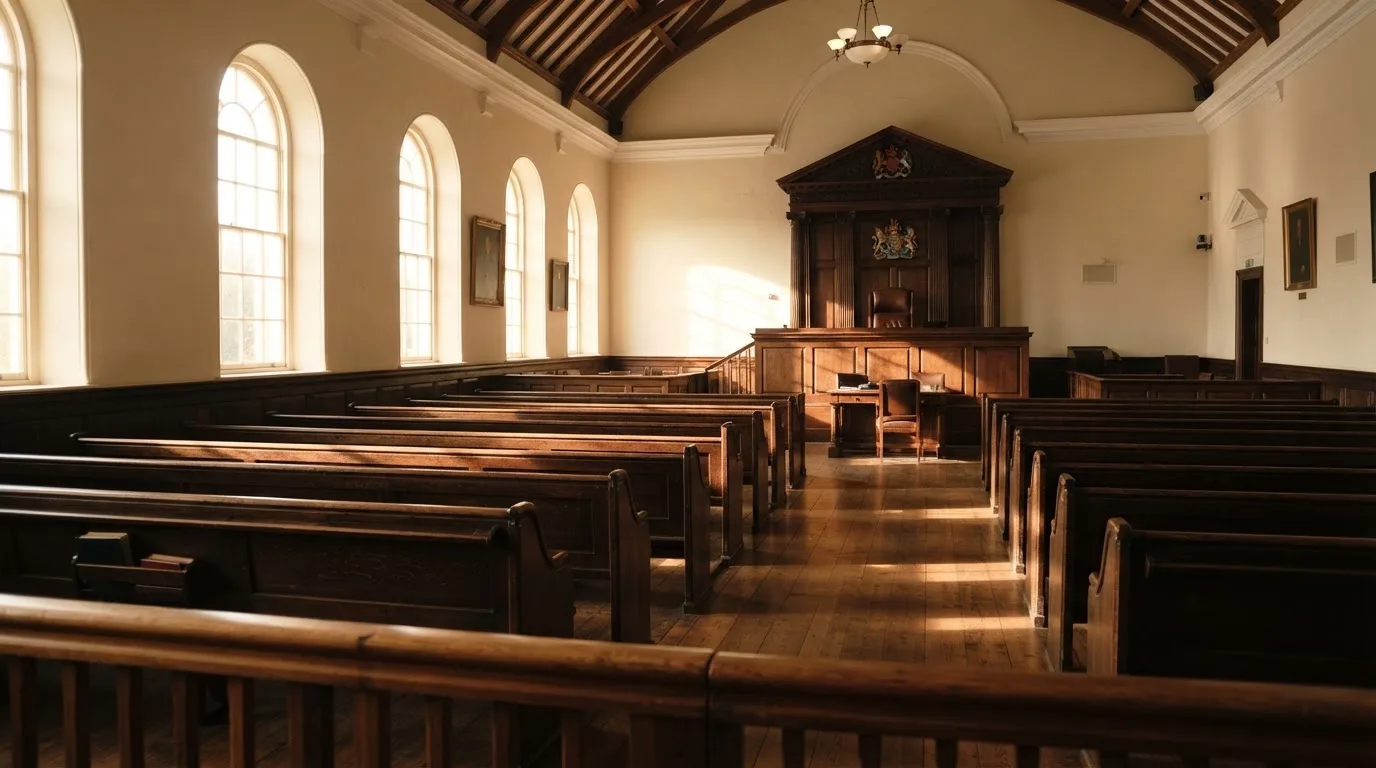 An empty courtroom with wooden benches in morning light