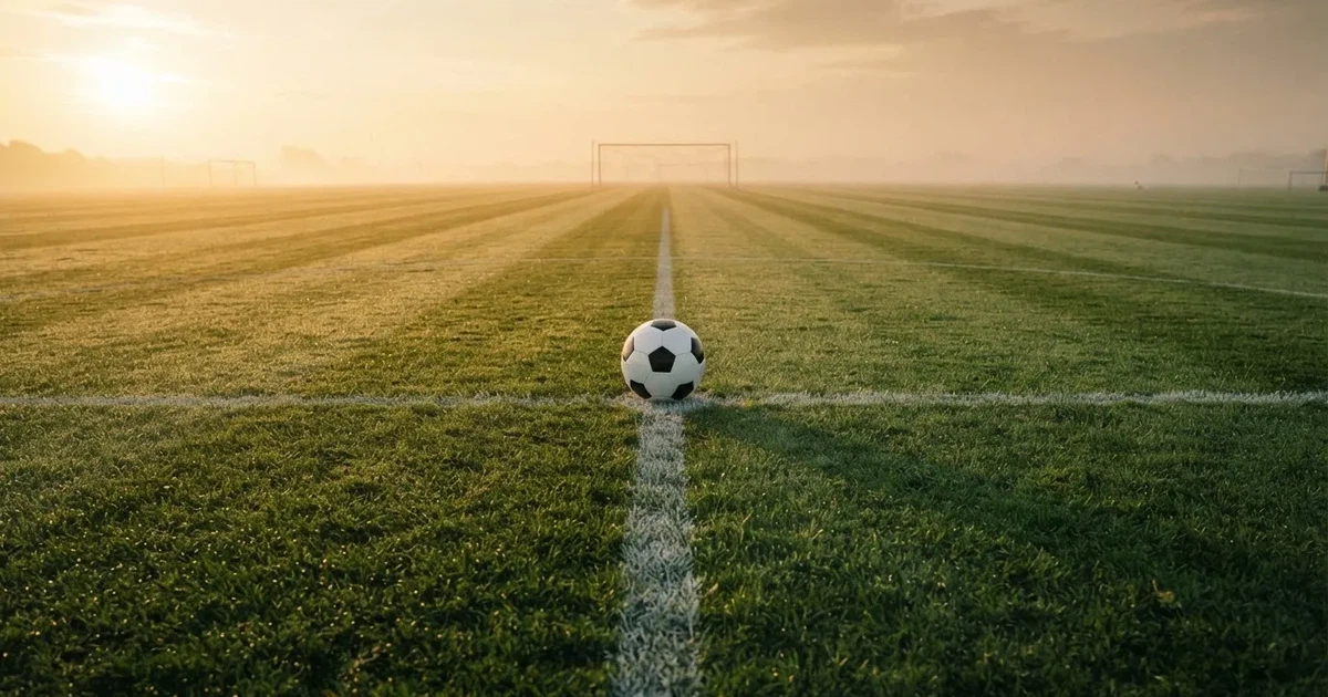 A ball on the centre spot of a grass pitch in morning light
