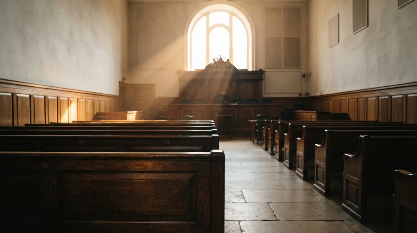 An empty courtroom with wooden benches in morning light