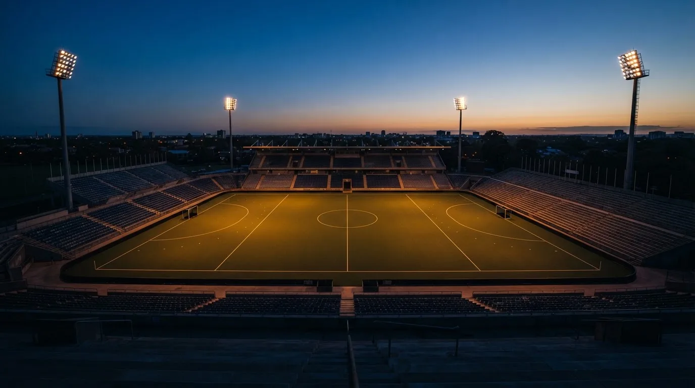 An empty football stadium with floodlight masts at dusk