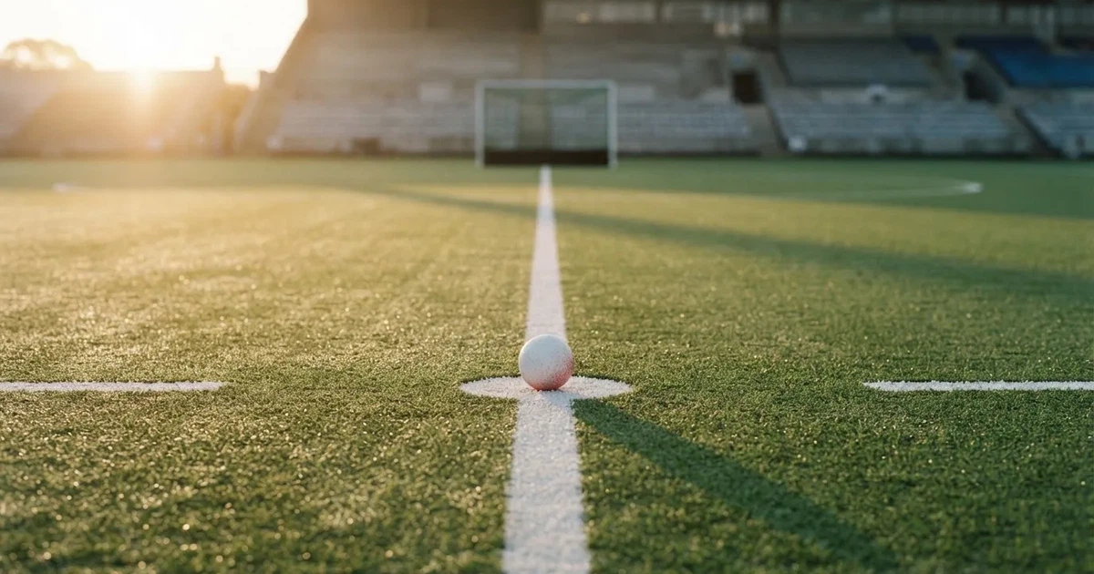 A ball on the centre spot of a grass pitch in morning light