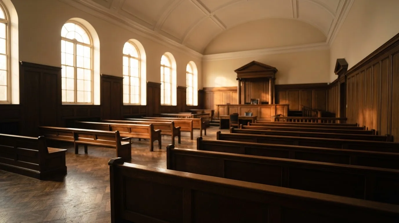 An empty courtroom with wooden benches in morning light