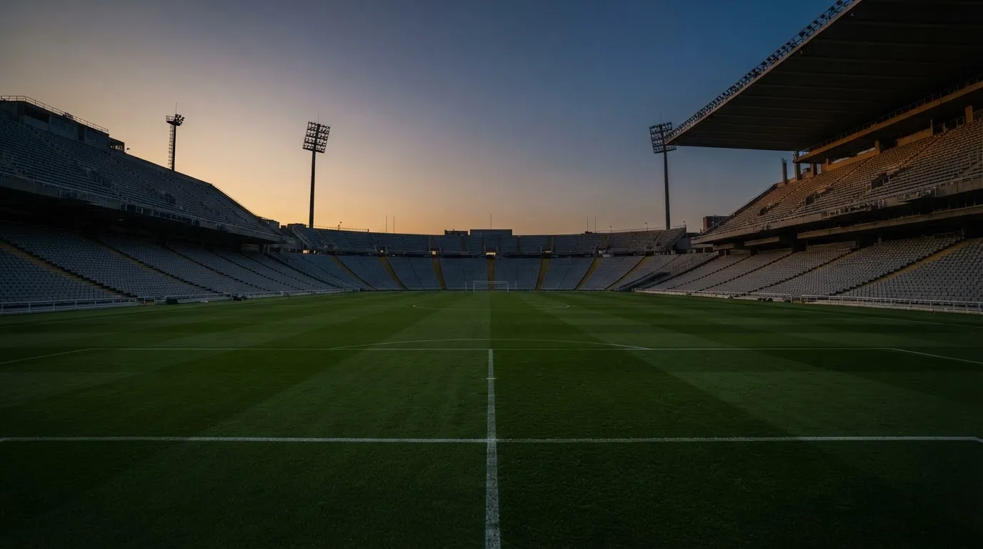 An empty football stadium with floodlight masts at dusk