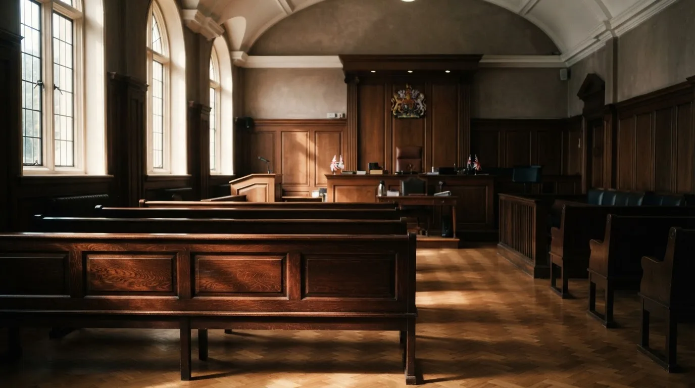 An empty courtroom with wooden benches in morning light