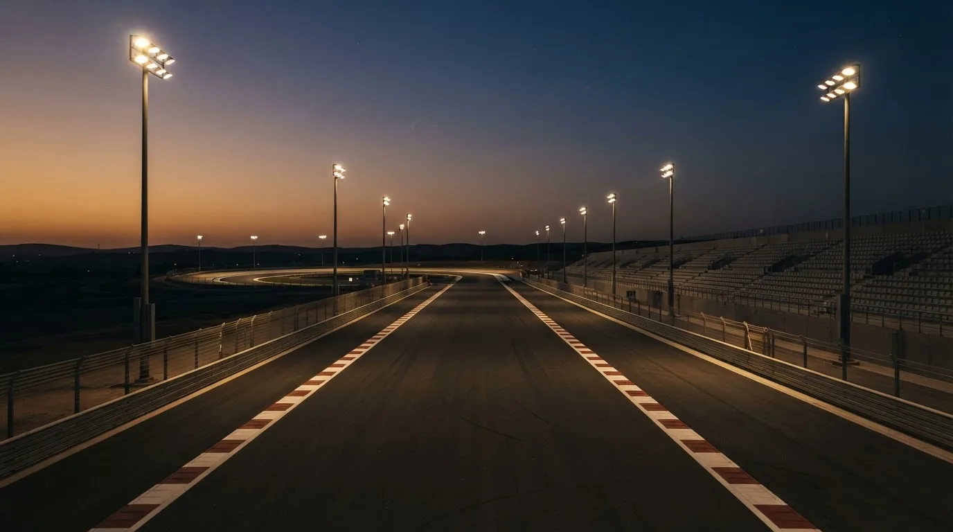 An empty football stadium with floodlight masts at dusk