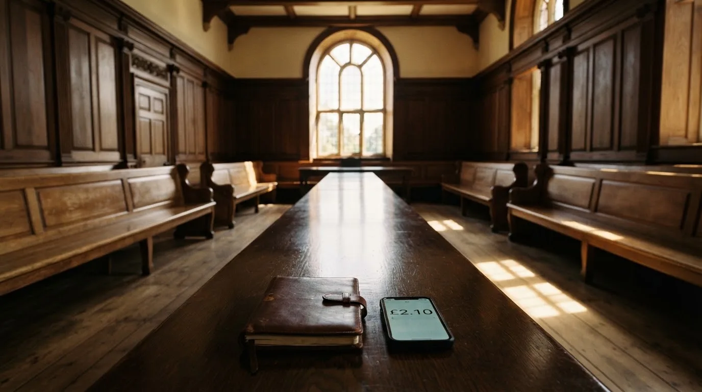 An empty courtroom with wooden benches in morning light