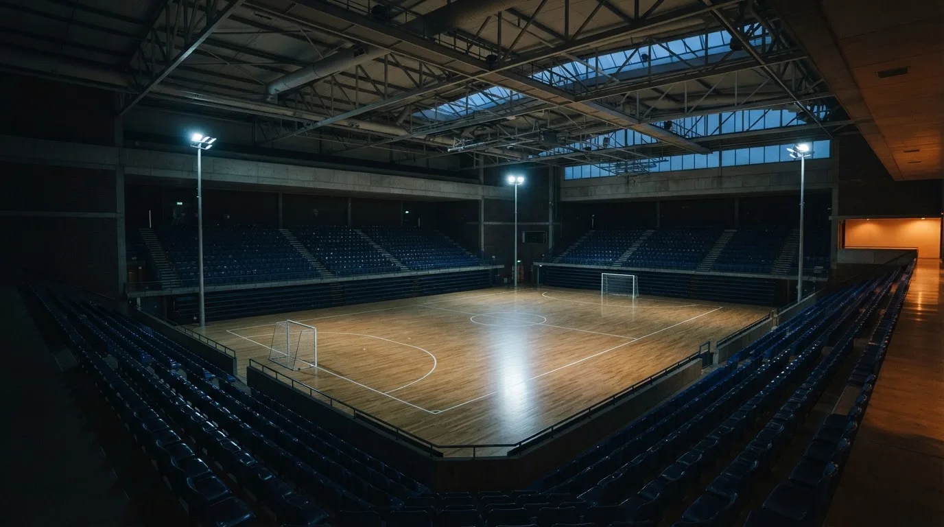 An empty football stadium with floodlight masts at dusk