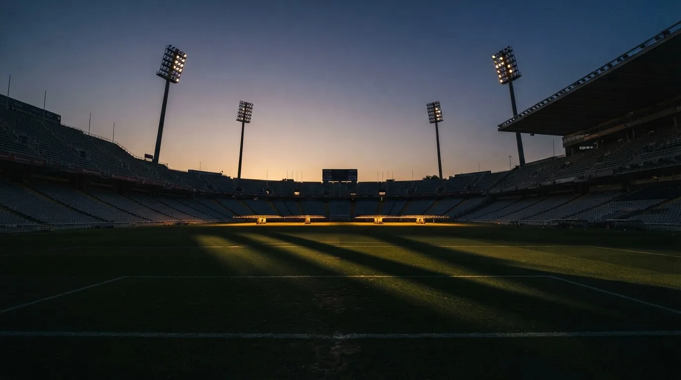 An empty football stadium with floodlight masts at dusk