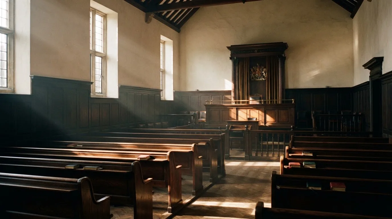 An empty courtroom with wooden benches in morning light
