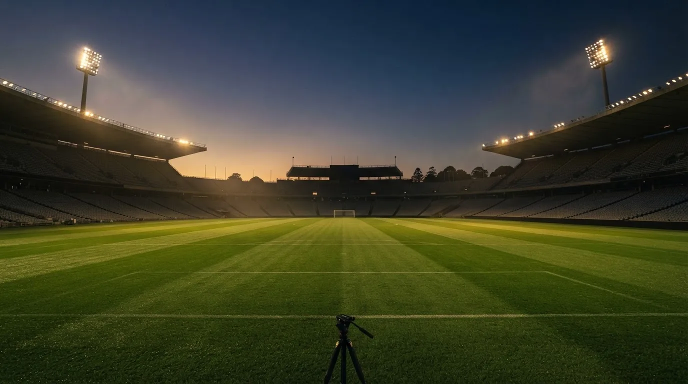 An empty football stadium with floodlight masts at dusk