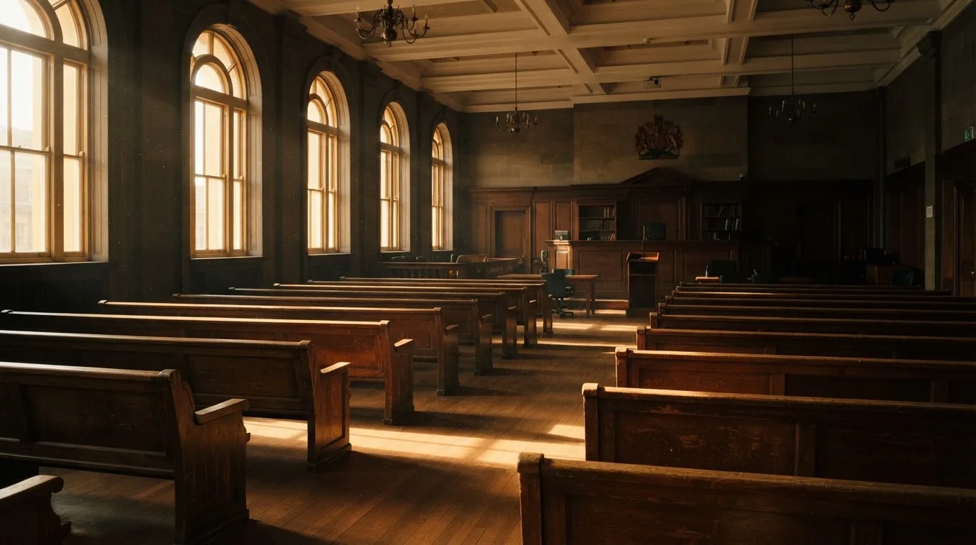 An empty courtroom with wooden benches in morning light
