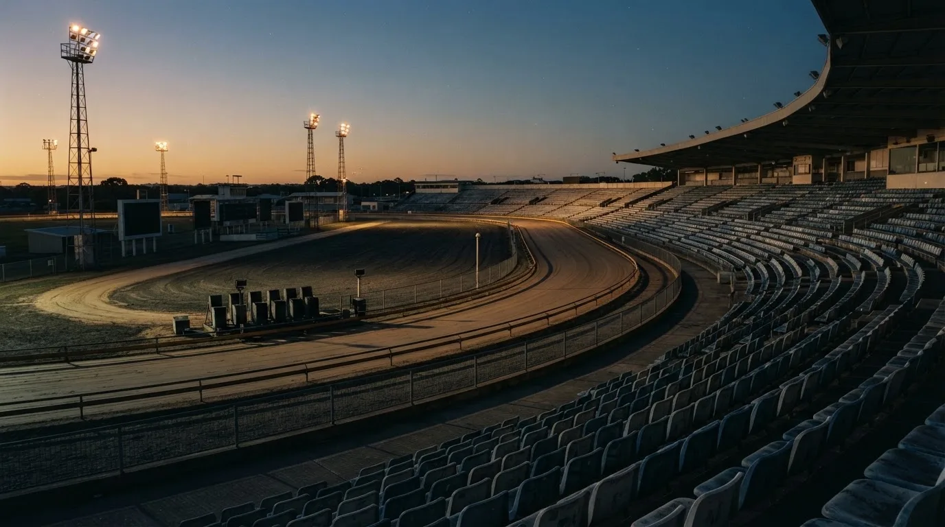 An empty football stadium with floodlight masts at dusk