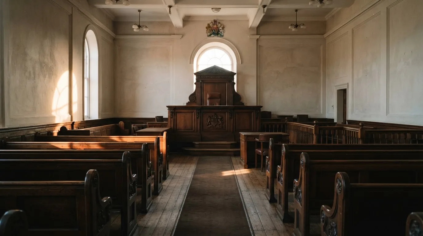 An empty courtroom with wooden benches in morning light