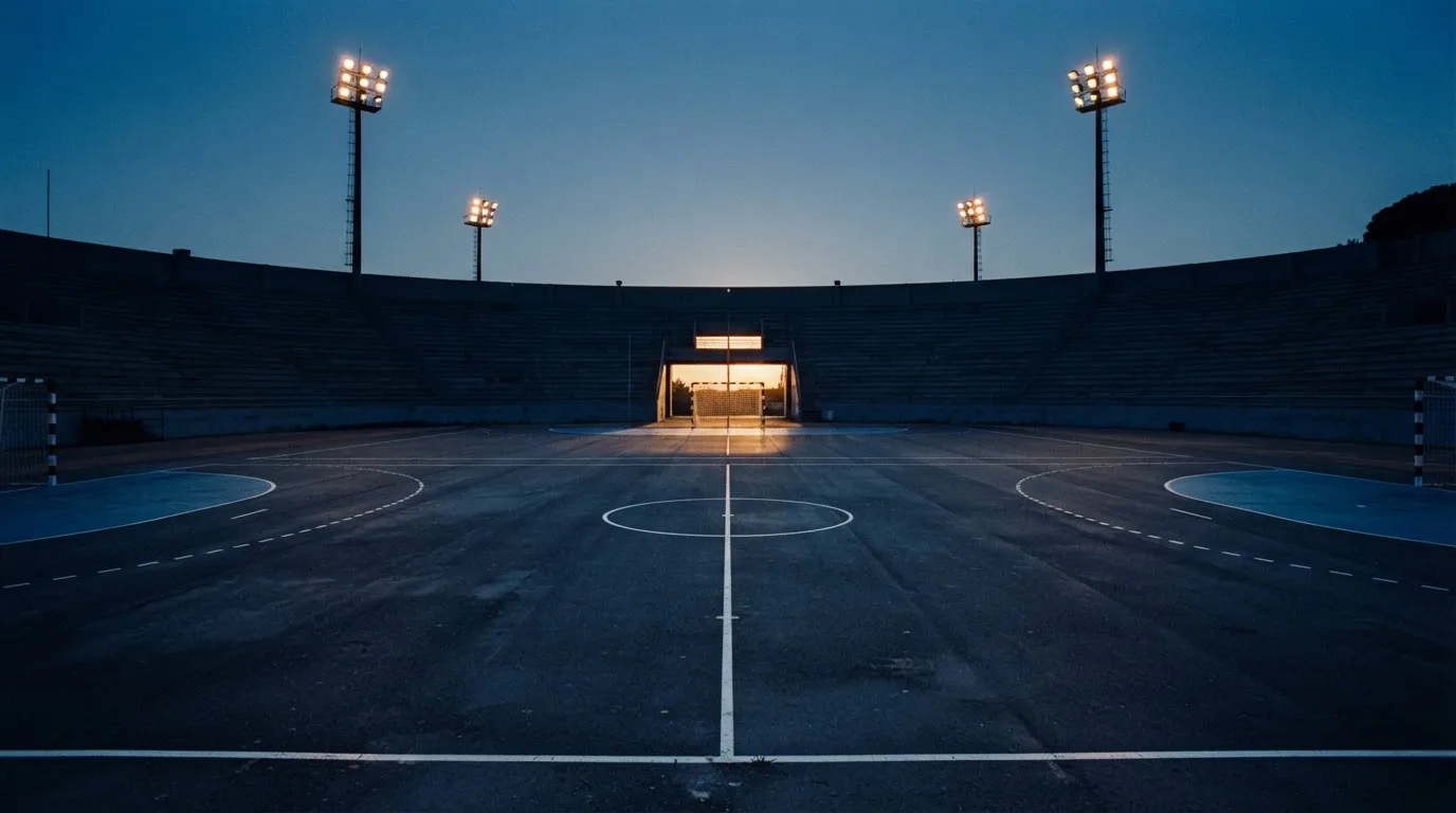 An empty football stadium with floodlight masts at dusk