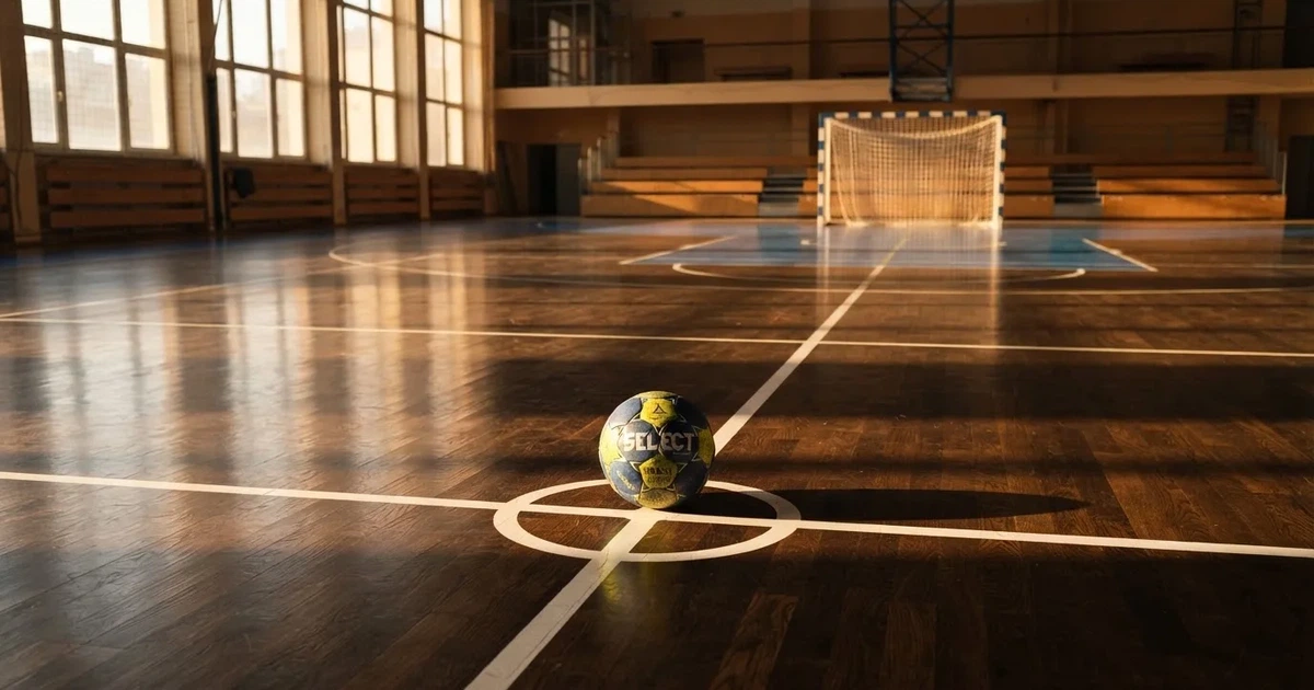 A ball on the centre spot of a grass pitch in morning light