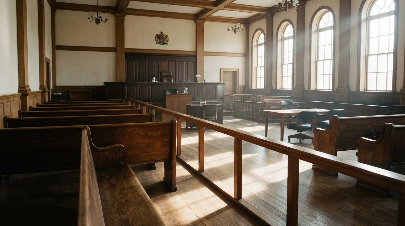 An empty courtroom with wooden benches in morning light