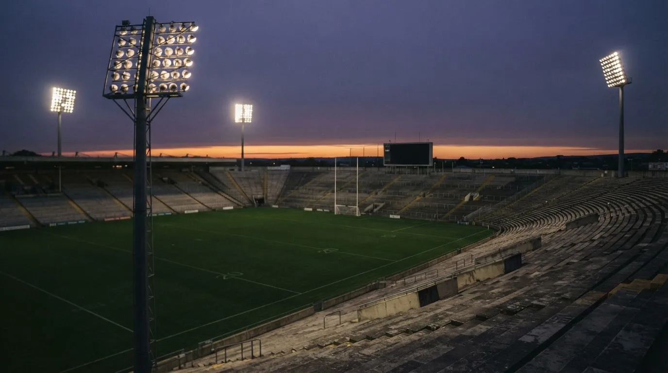 An empty football stadium with floodlight masts at dusk