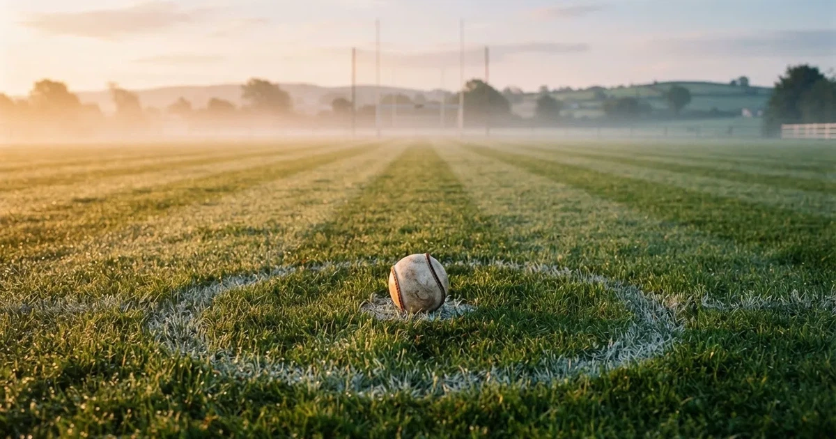 A ball on the centre spot of a grass pitch in morning light