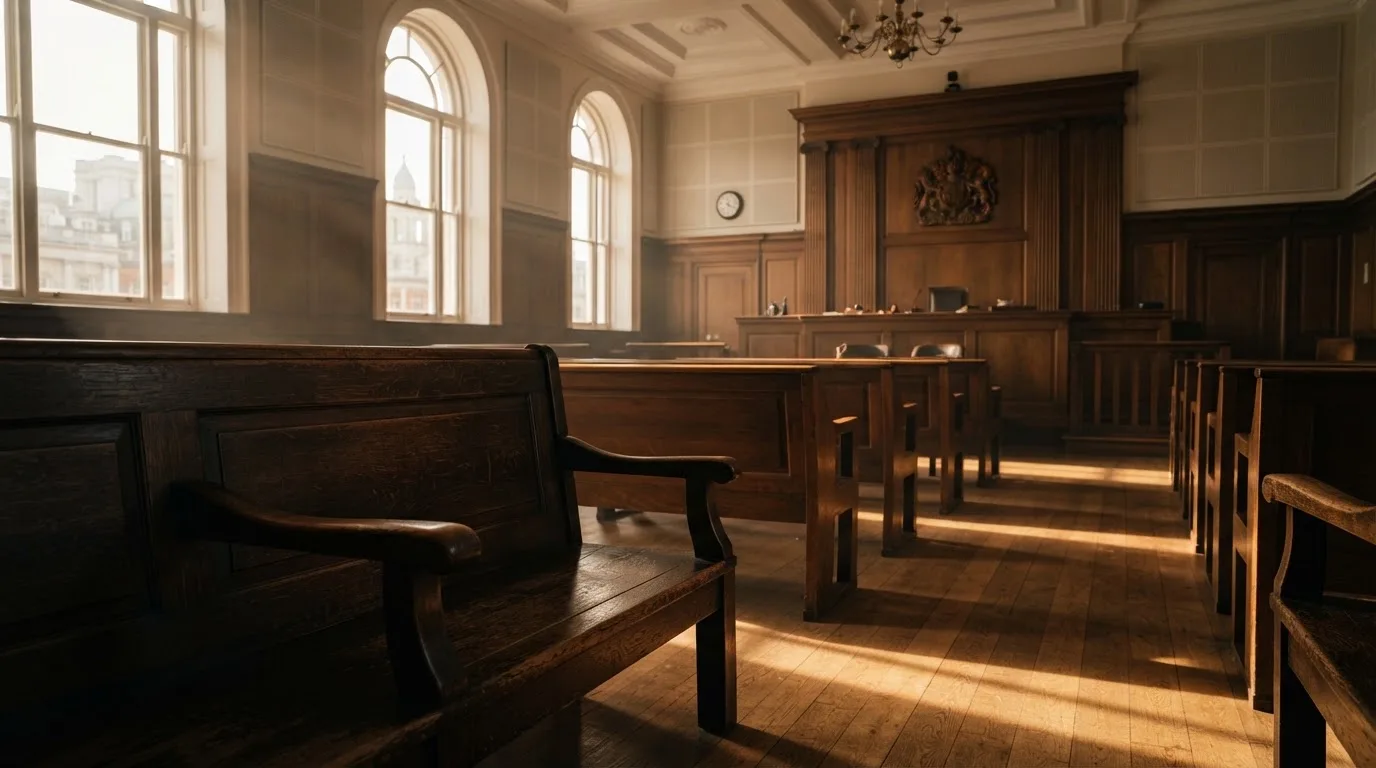 An empty courtroom with wooden benches in morning light