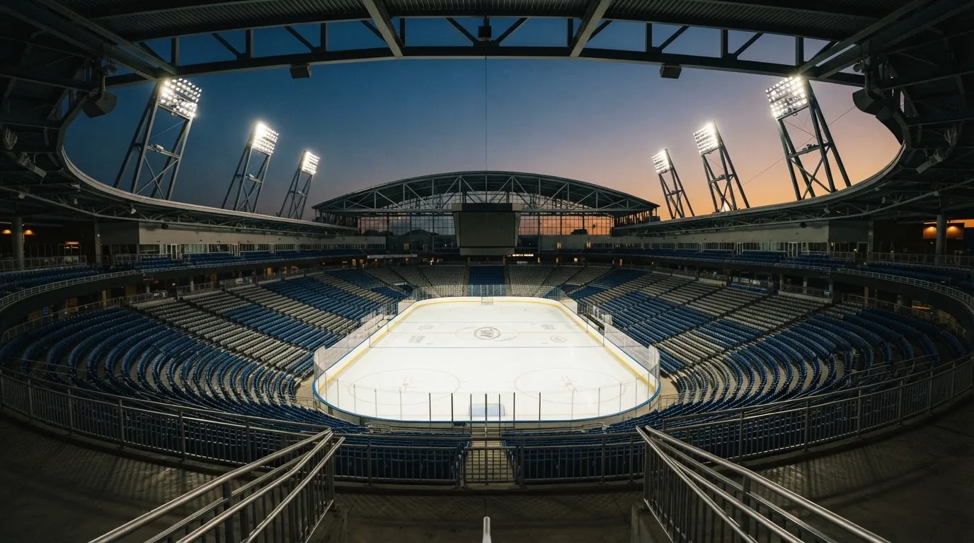 An empty football stadium with floodlight masts at dusk