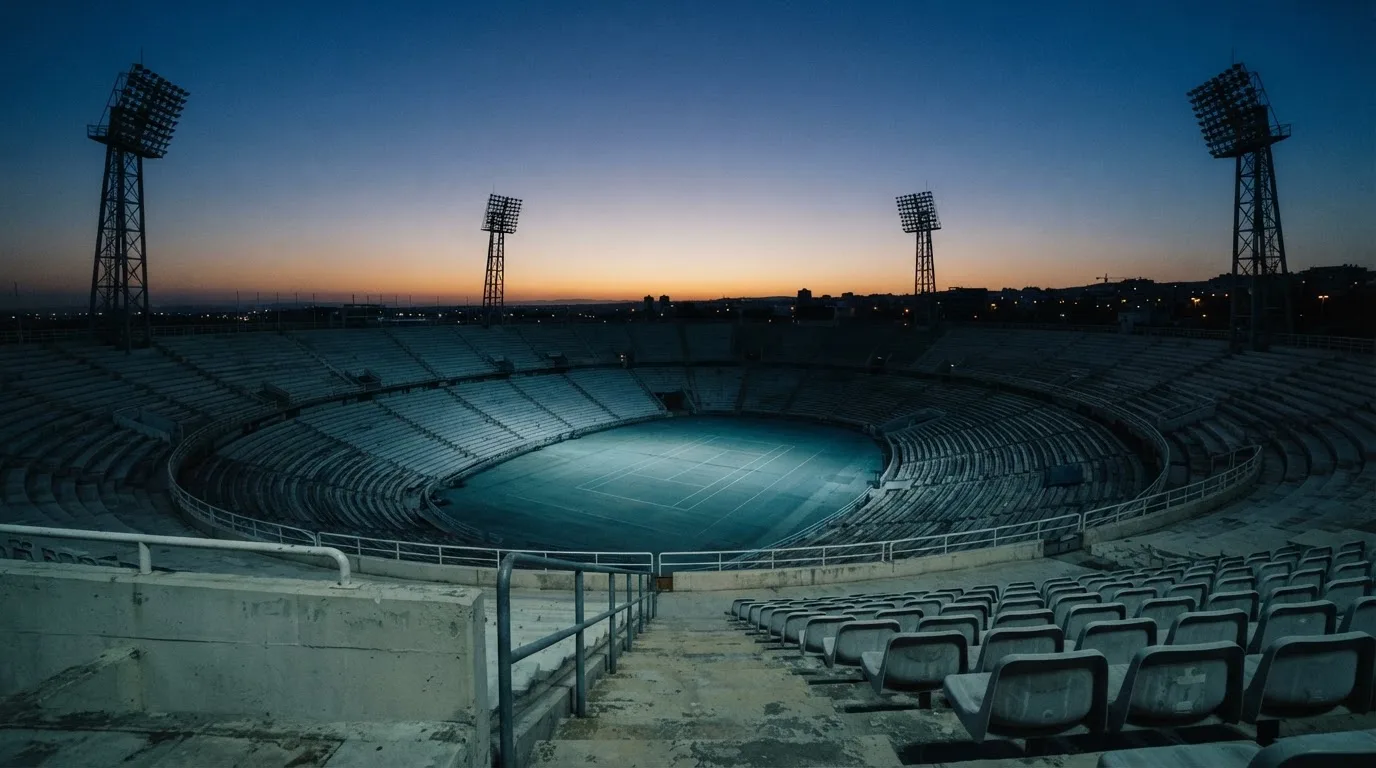 An empty football stadium with floodlight masts at dusk