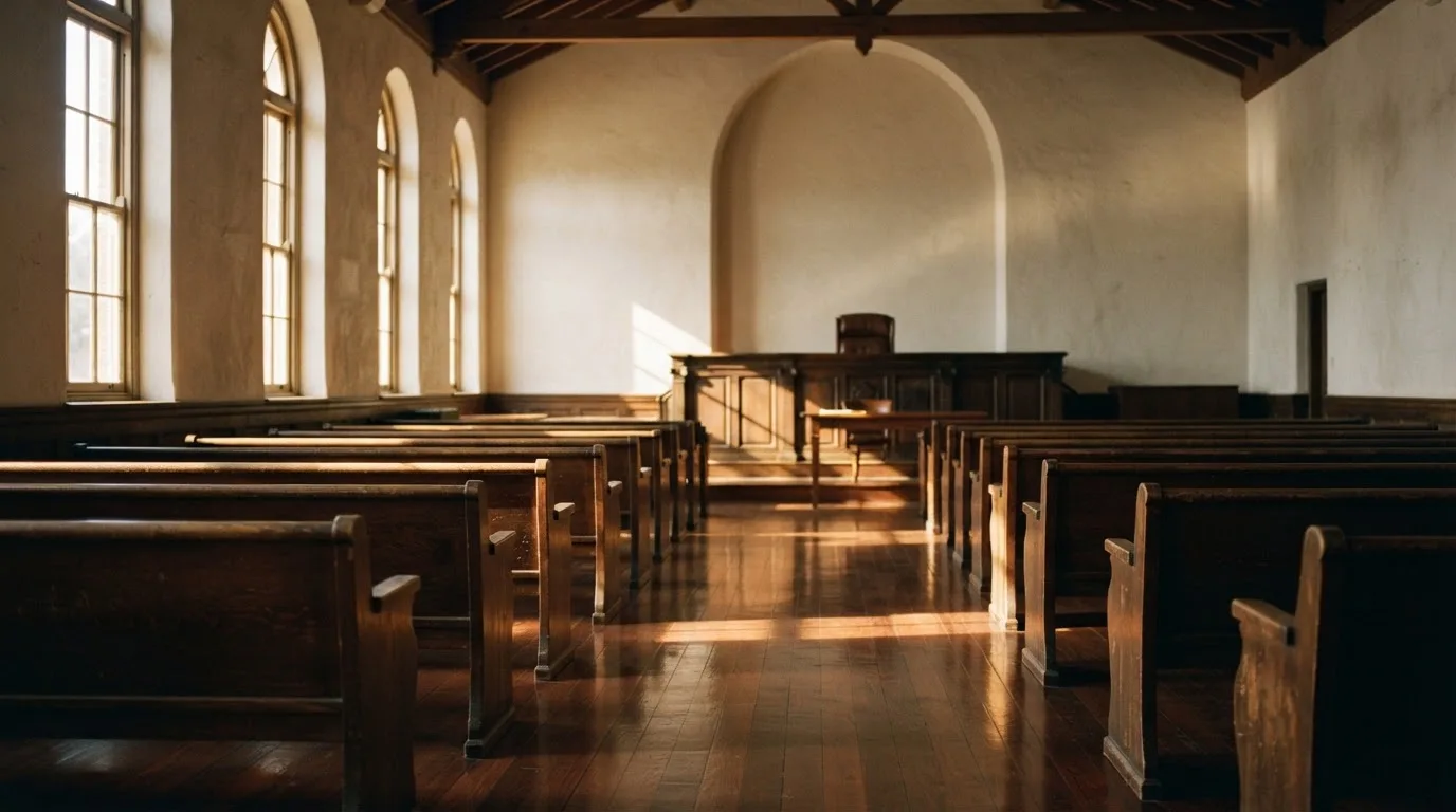 An empty courtroom with wooden benches in morning light