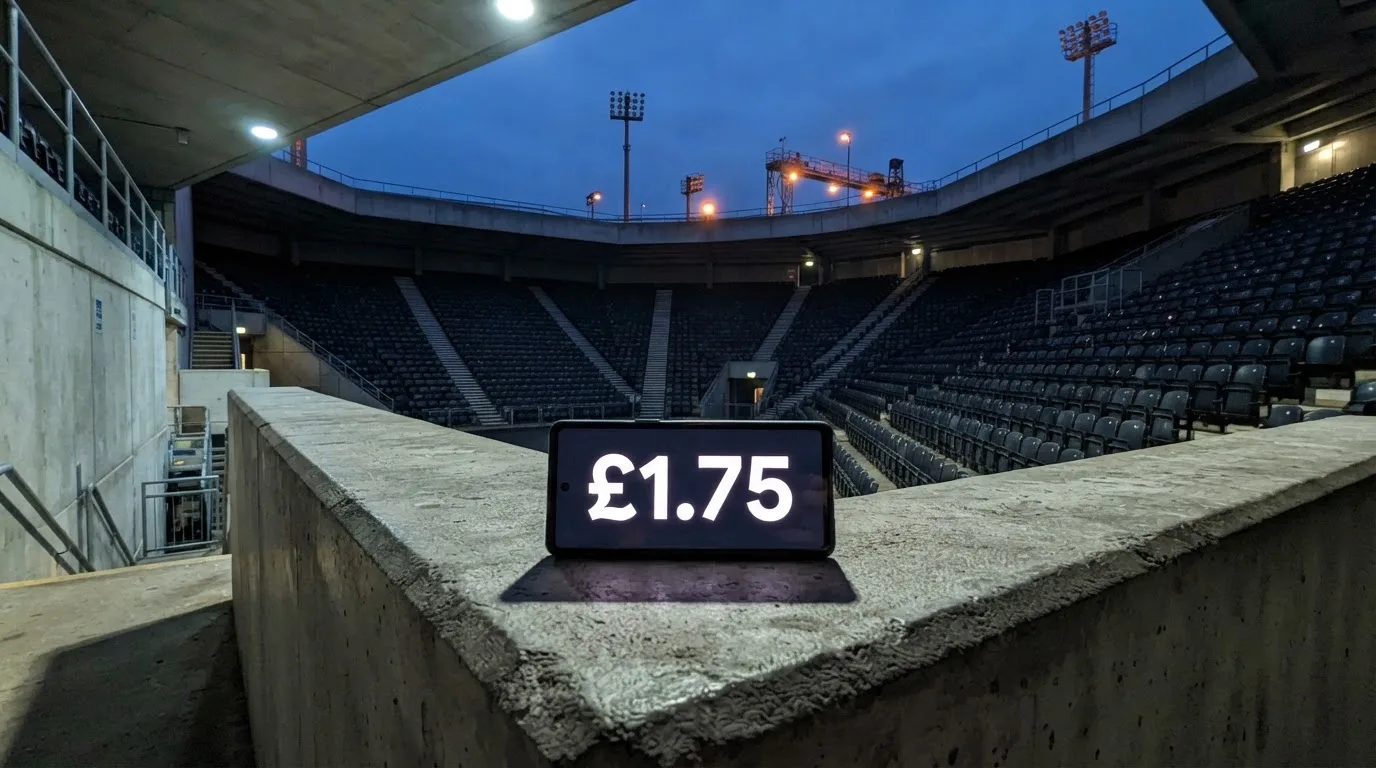 An empty football stadium with floodlight masts at dusk