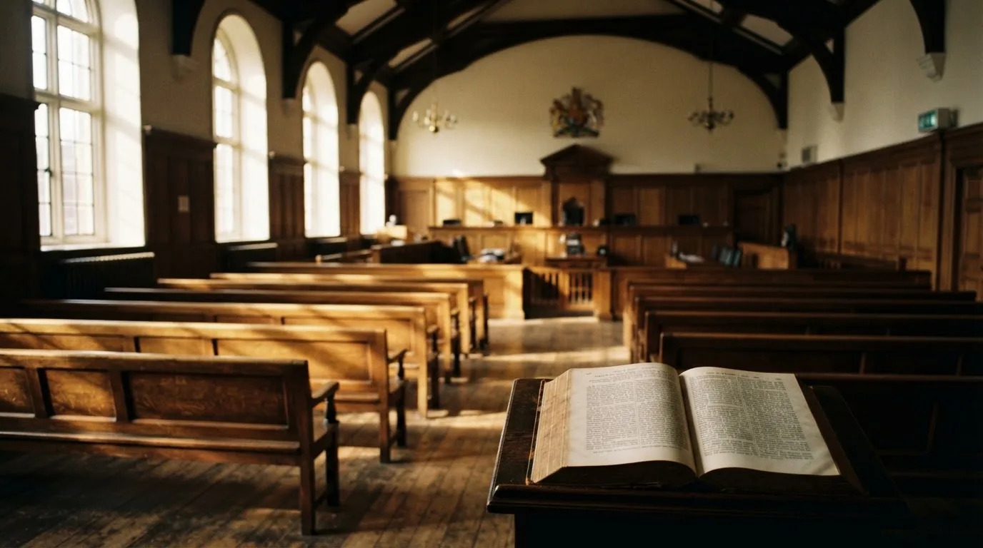 An empty courtroom with wooden benches in morning light