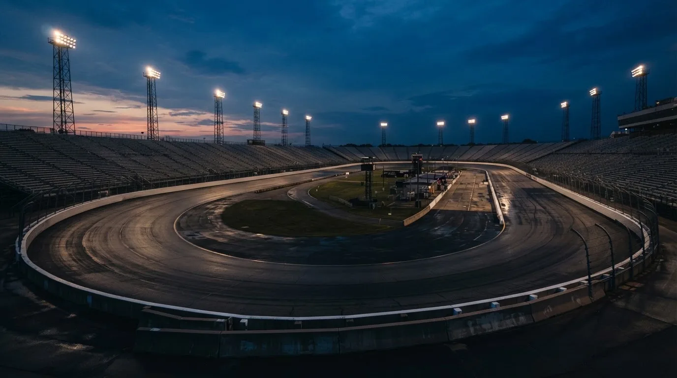 An empty football stadium with floodlight masts at dusk