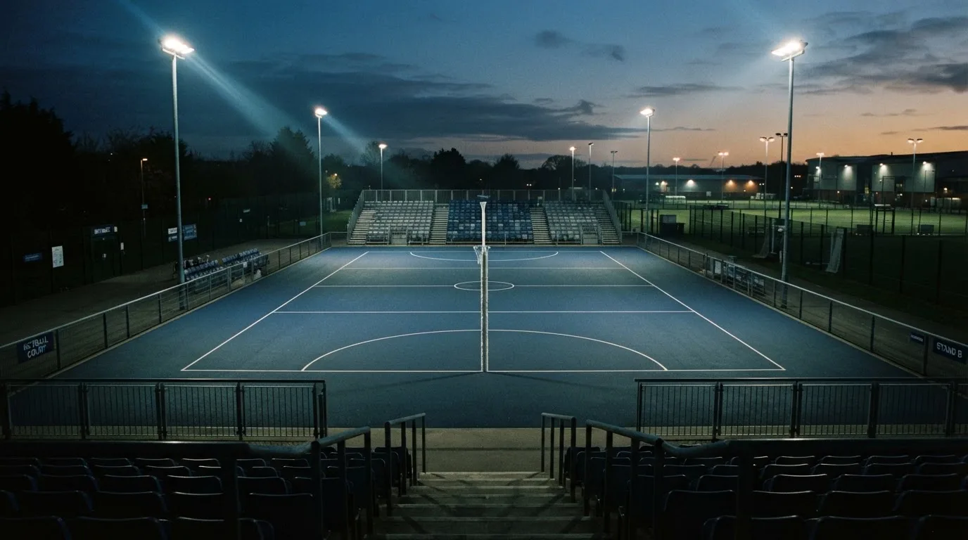An empty football stadium with floodlight masts at dusk
