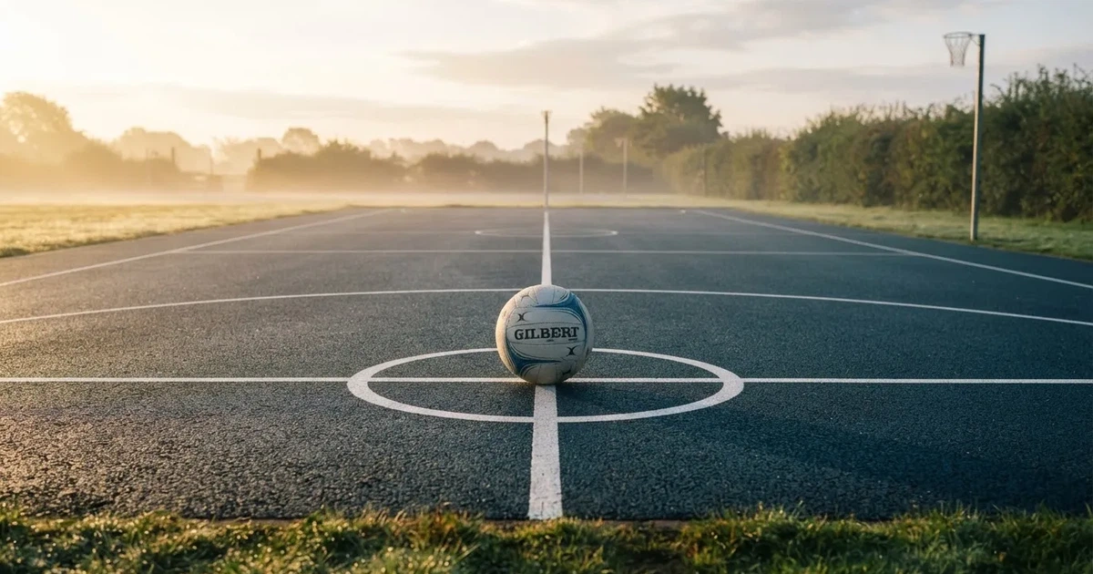 A ball on the centre spot of a grass pitch in morning light