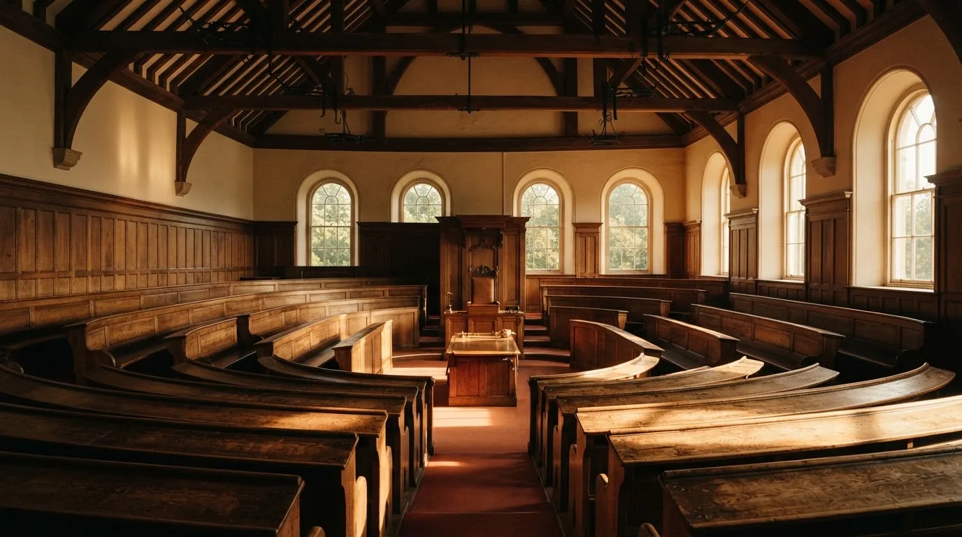An empty courtroom with wooden benches in morning light