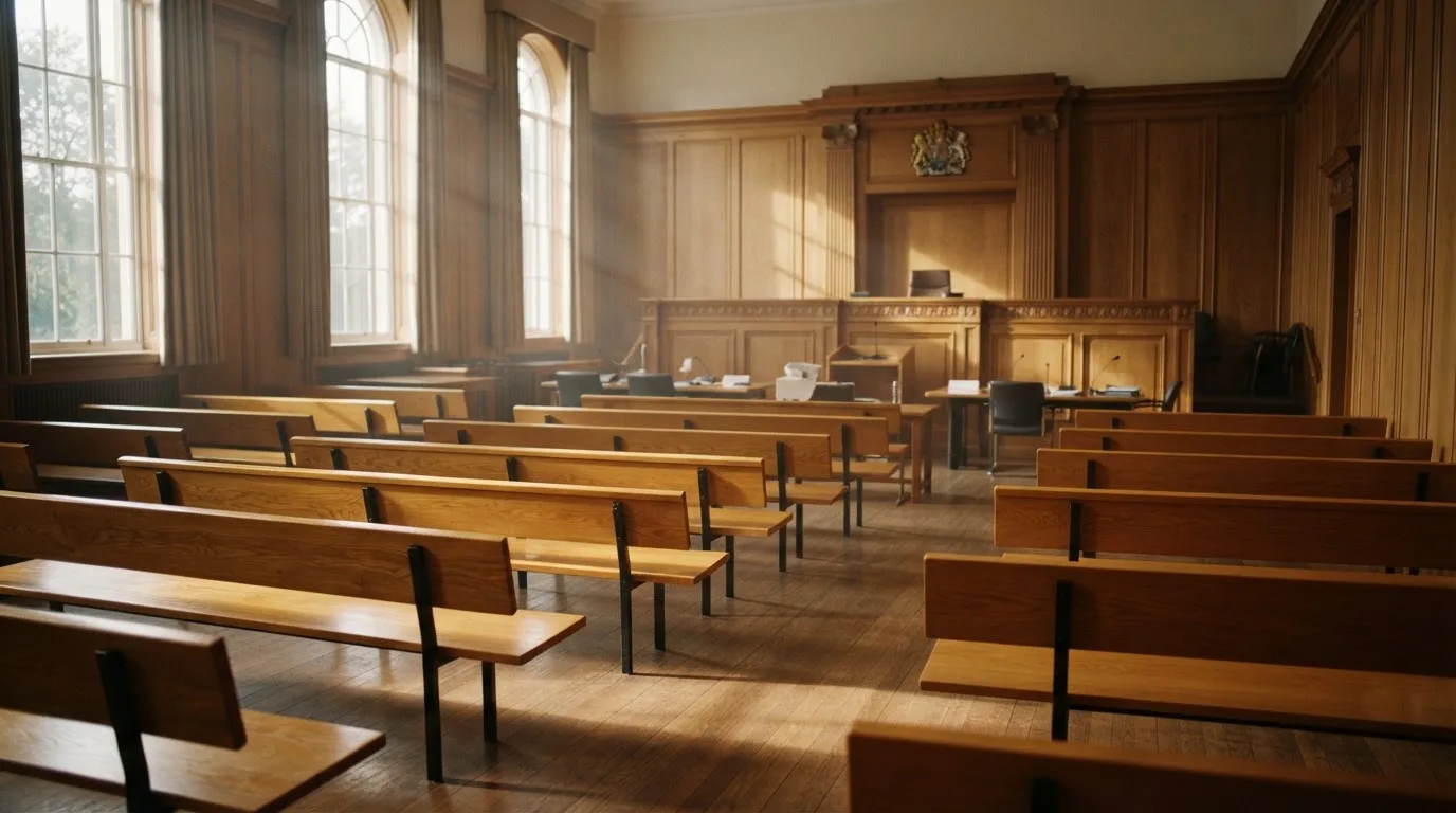 An empty courtroom with wooden benches in morning light