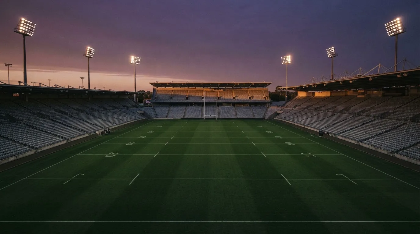 An empty football stadium with floodlight masts at dusk