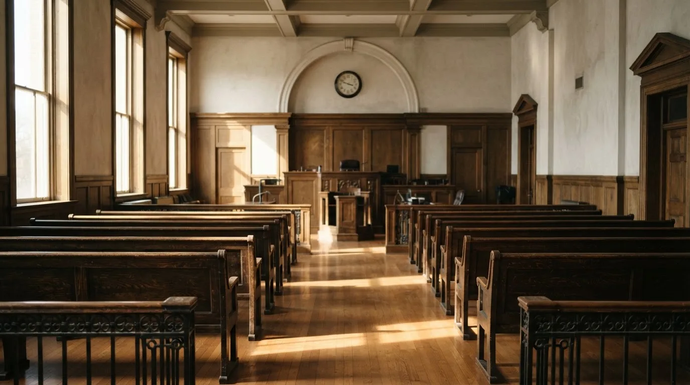 An empty courtroom with wooden benches in morning light
