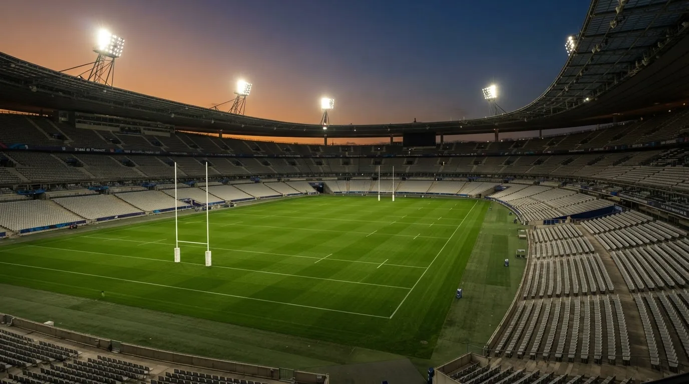 An empty football stadium with floodlight masts at dusk