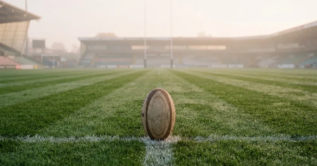 A ball on the centre spot of a grass pitch in morning light