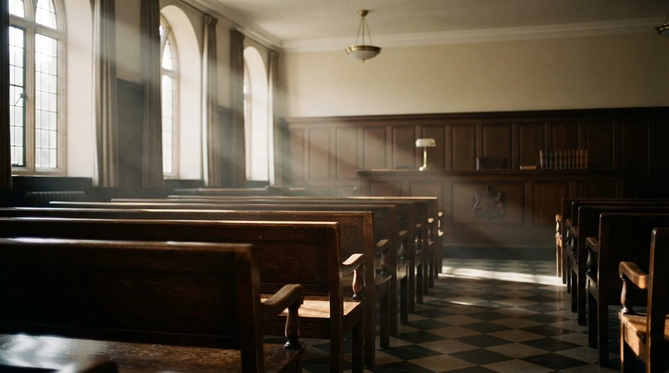 An empty courtroom with wooden benches in morning light