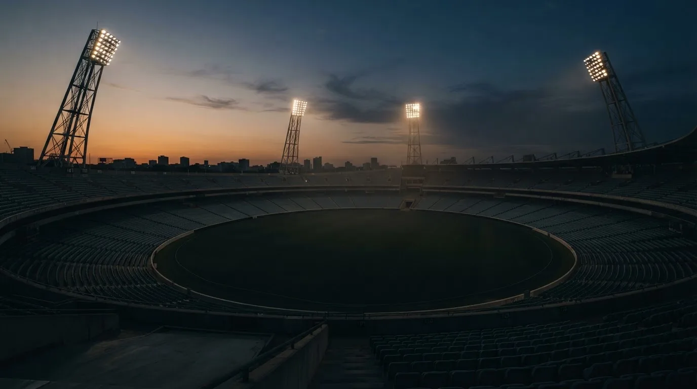 An empty football stadium with floodlight masts at dusk