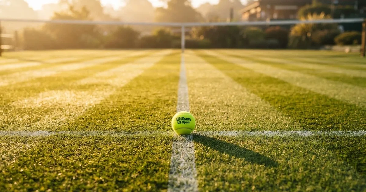 A ball on the centre spot of a grass pitch in morning light